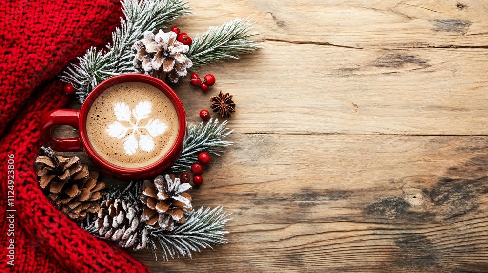 Red christmas mug with hot chocolate, pine cones, fir branches and berries on rustic wooden background Red christmas mug with hot chocolate, pine cones, fir branches and berries on rustic wooden background