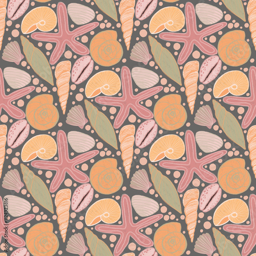 Seamless pattern with seashells, starfish, and marine elements. Beach-inspired print.  Repeating background perfect for wallpaper, fabric, wrapping, packaging, stationery, crafts, and summer decor.