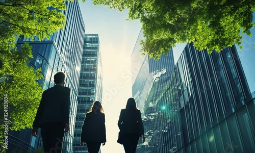 Businesspeople silhouetted against sunlit cityscape, walking among vibrant green trees.
