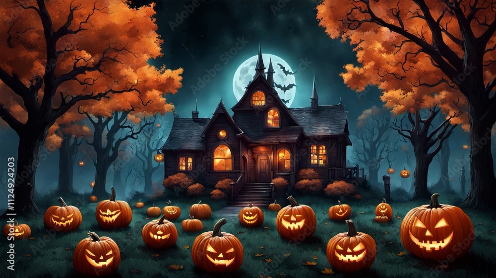 Spooky haunted house with glowing jack-o'-lanterns under a full moon Spooky haunted house with glowing jack-o'-lanterns under a full moon