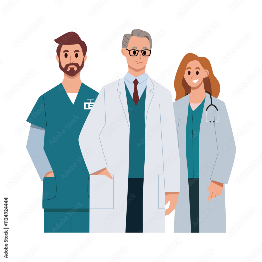 Medical team concept. Hospital personnel characters on white background. Vector hand drawn illustration. Medical team concept. Hospital personnel characters on white background. Vector hand drawn illustration.