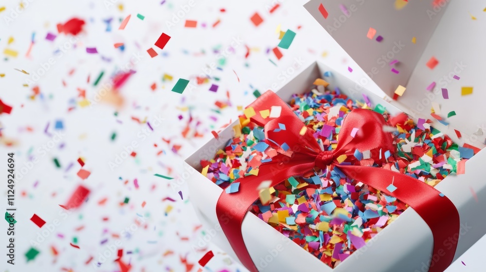 Exploded white gift box with red ribbon and colorful confetti, isolated on background with copy space. Unfolded surprise giftbox vector illustration. Exploded white gift box with red ribbon and colorful confetti, isolated on background with copy space. Unfolded surprise giftbox vector illustration.
