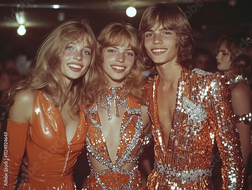 three beautiful young women on a 70s style new years eve party, generative ai