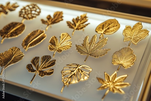 A collection of gold lapel pins shaped like various leaves, each detailed with veins, displayed on a lightbox to highlight their delicate designs. photo