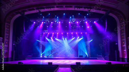 A stage illuminated with vibrant purple and blue lights, creating a dynamic and energetic atmosphere for the performance