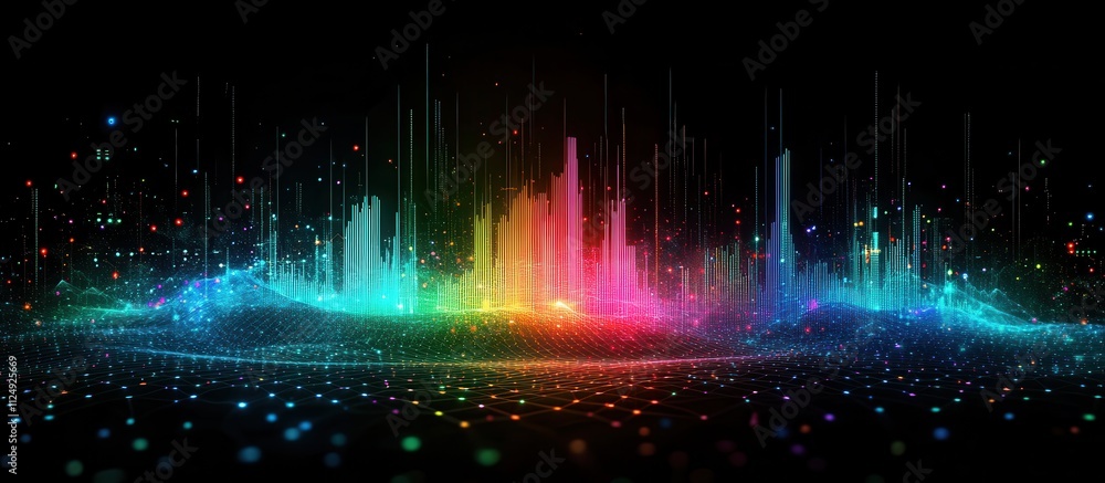 Data Visualization Art, Colorful Abstract Shapes, Dark Background, Futuristic Illustration Data Visualization Art, Colorful Abstract Shapes, Dark Background, Futuristic Illustration