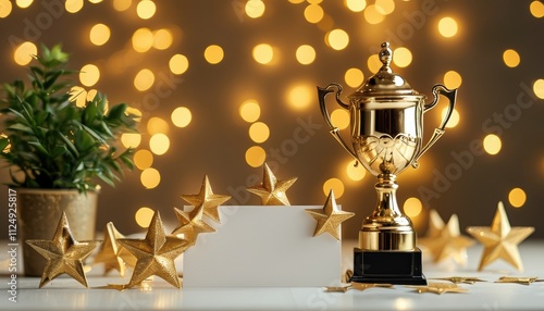 Golden trophy with stars and bokeh lights for celebratory design with copy space