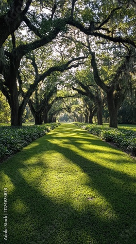 Sunlit Path Through Majestic Oaks