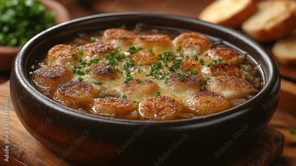 Steaming French Onion Soup with Miso Broth, Crispy Baguette, Melted Gruyère Cheese, and Fresh Thyme Garnish Steaming French Onion Soup with Miso Broth, Crispy Baguette, Melted Gruyère Cheese, and Fresh Thyme Garnish