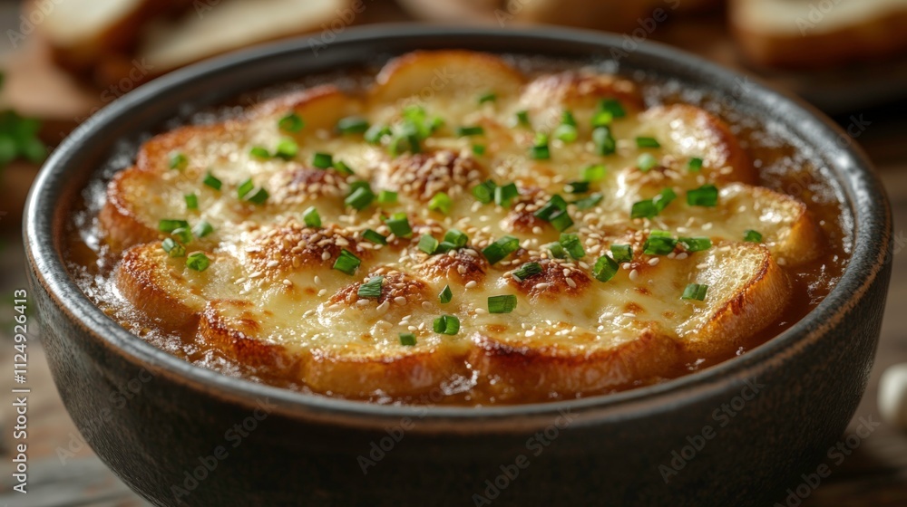 Steaming French Onion Soup with Miso Broth, Crispy Baguette, Melted Gruyère Cheese, and Fresh Thyme Garnish Steaming French Onion Soup with Miso Broth, Crispy Baguette, Melted Gruyère Cheese, and Fresh Thyme Garnish