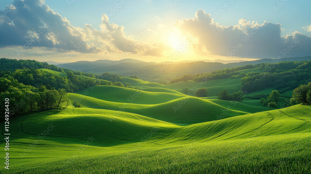 Fototapeta premium Seasonal summer background of golden sunlight pouring over rolling green hills