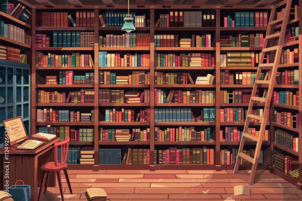 A cozy library filled with colorful books, a desk, and a ladder for reaching high shelves. A cozy library filled with colorful books, a desk, and a ladder for reaching high shelves.