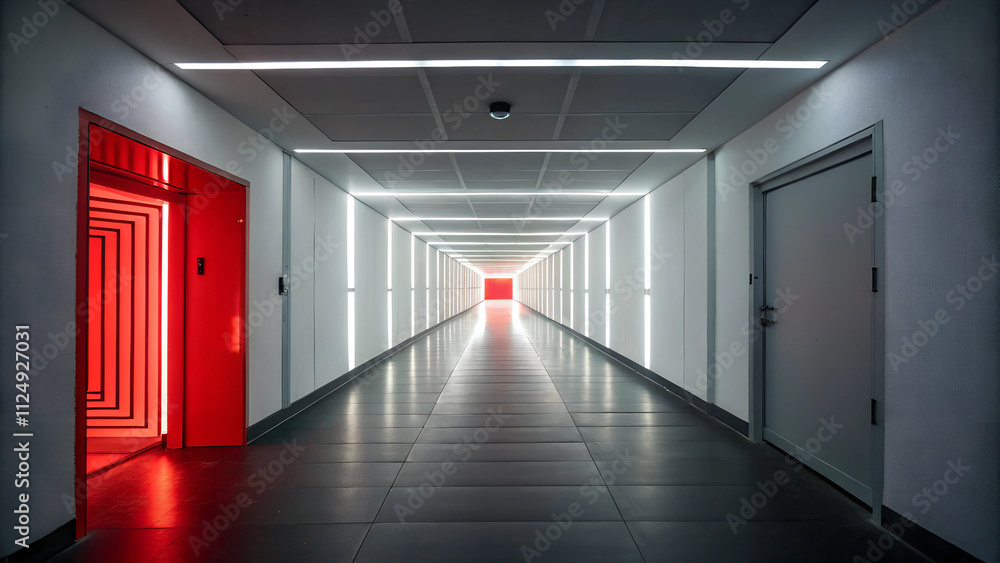 background corridor white and red neon laser lights glowing vibrantly against background corridor white and red neon laser lights glowing vibrantly against