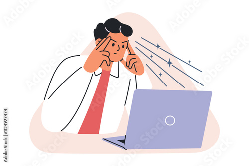 Vector illustration of focused man working on laptop, concentration, creativity, and productivity concept. Flat cartoon design for office, psychotherapy and psychology, and business concepts