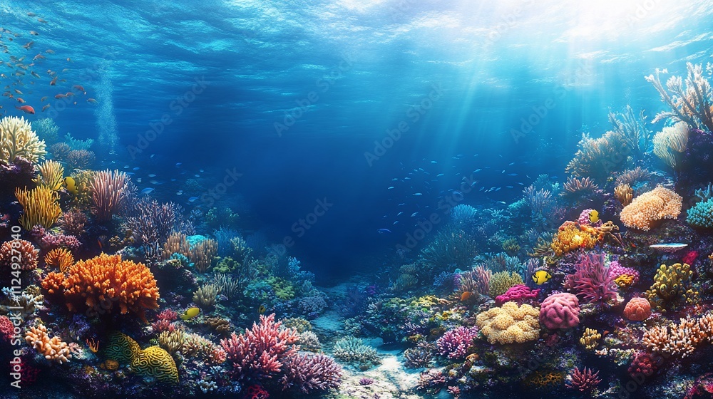 Naklejka premium Vibrant coral reef teeming with colorful fish and sunlight.