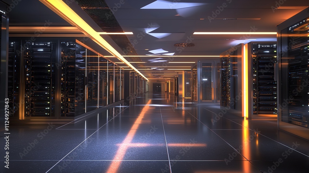 Modern Data Center with High-Tech Server Racks and Digital Connections Modern Data Center with High-Tech Server Racks and Digital Connections