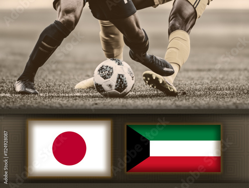 Japan and Kuwait flag on scoreboard,against football players during a match on soccer field.