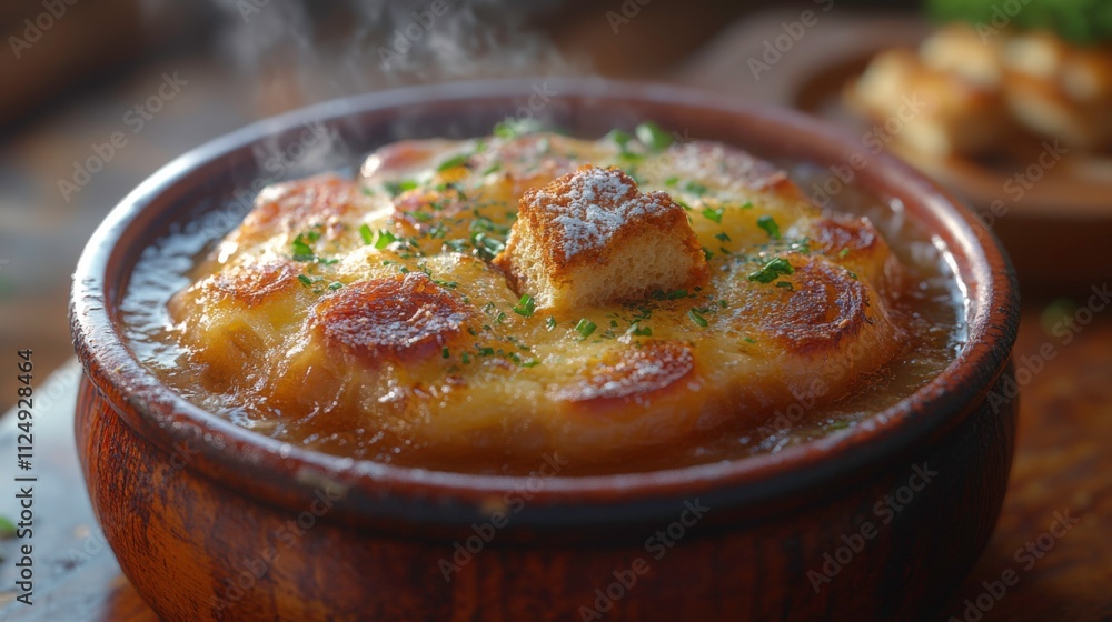 Steaming French Onion Soup with Miso Broth, Crispy Baguette, Melted Gruyère Cheese, and Fresh Thyme Garnish Steaming French Onion Soup with Miso Broth, Crispy Baguette, Melted Gruyère Cheese, and Fresh Thyme Garnish