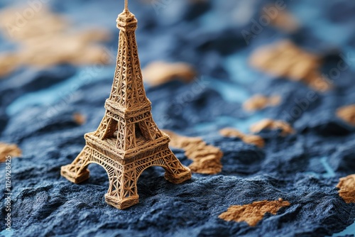 A small model of the Eiffel Tower on a textured blue surface resembling a map.