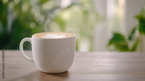 Creamy Coffee in a White Cup on a Wooden Table Surrounded by Greenery