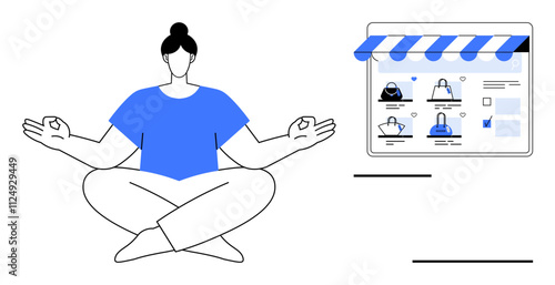 Woman meditating in lotus position with e-commerce site nearby, displaying various products. Ideal for online shopping, e-commerce, mindfulness, work-life balance, digital wellbeing, lifestyle