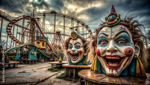 Abandoned amusement park with creepy clown heads photo