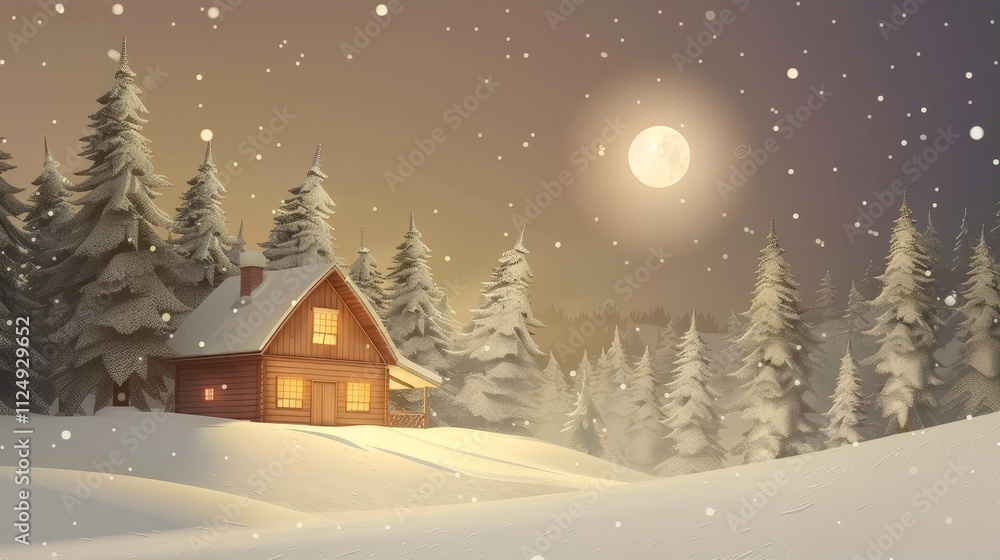A cozy winter cabin surrounded by snow-covered trees under a bright moon. A cozy winter cabin surrounded by snow-covered trees under a bright moon.