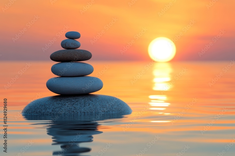Zen Stones at Sunset Over Calm Water Zen Stones at Sunset Over Calm Water