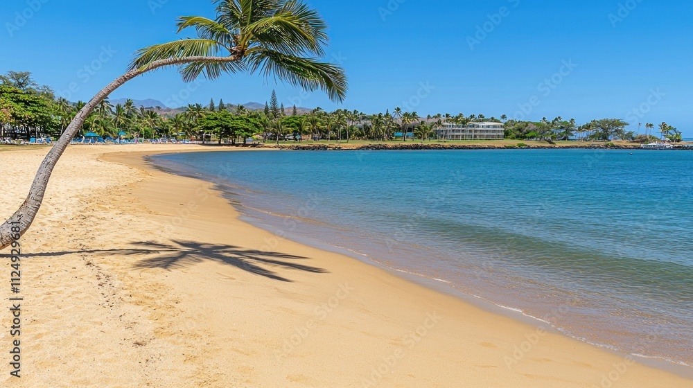 Serene Hawaiian Beachscape: Palm Tree, Golden Sands, and Azure Waters Serene Hawaiian Beachscape: Palm Tree, Golden Sands, and Azure Waters