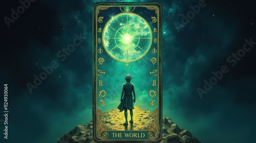 The World Tarot Card in Vibrant Green and Blue Hues