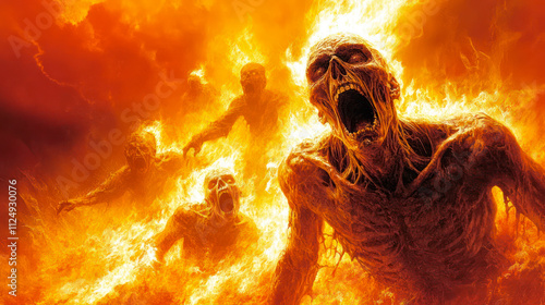 Sinner burning in fire pit of hell, severe punishment for his wrongdoings, eternal suffering