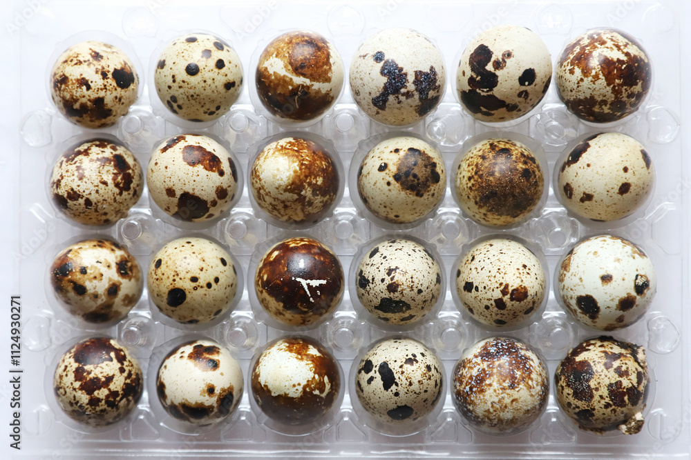 Quail eggs in row. Flat lay composition with small quail eggs in plastic tray for sale Quail eggs in row. Flat lay composition with small quail eggs in plastic tray for sale