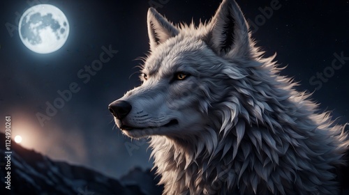 Majestic white wolf under a full moon in a serene night landscape