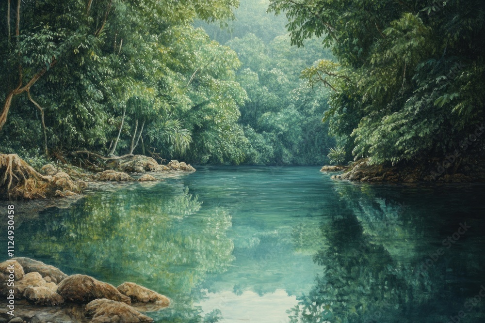 Serene jungle river, tranquil reflection, lush greenery. Serene jungle river, tranquil reflection, lush greenery.