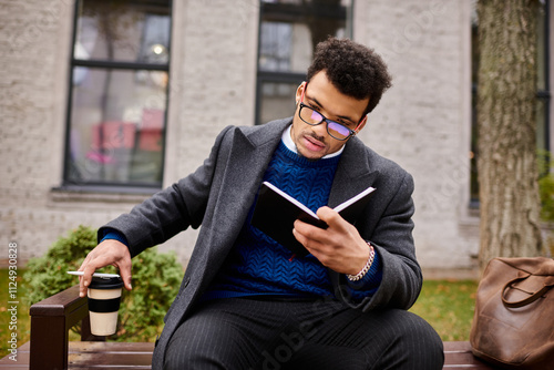 Gentleman absorbed in reading a book, sipping coffee on a sunny day in a serene park.