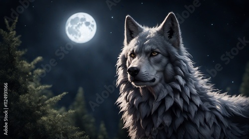 Majestic wolf standing under moonlit sky amidst dark forest landscape