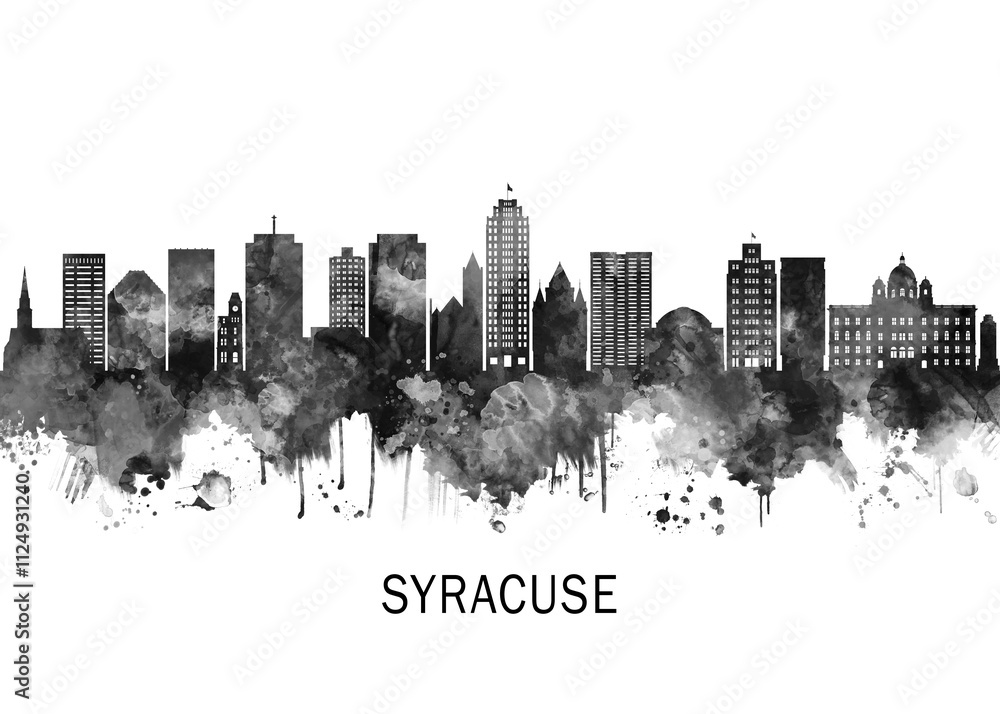 Syracuse New York Skyline BW, landscape watercolor abstract painting print poster Heilongjiang travel illustration urban art modern downtown landmarks
