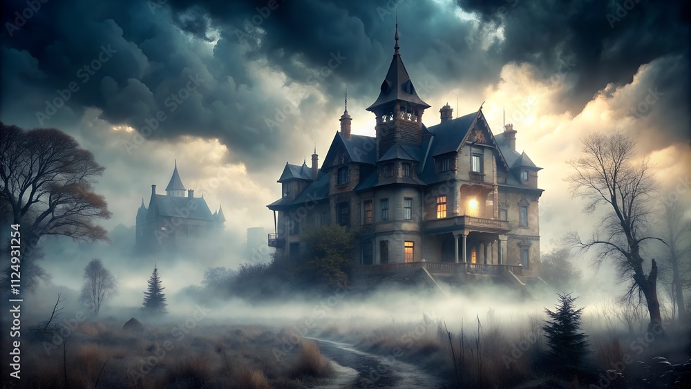 Mysterious mansion shrouded in mist evokes a sense of eerie tranquility Mysterious mansion shrouded in mist evokes a sense of eerie tranquility