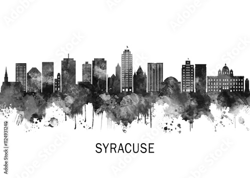 Obraz na płótnie Syracuse New York Skyline BW, landscape watercolor abstract painting print poster Heilongjiang travel illustration urban art modern downtown landmarks w salonie