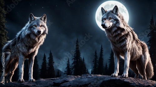 Two majestic wolves standing under a full moon in a mysterious forest