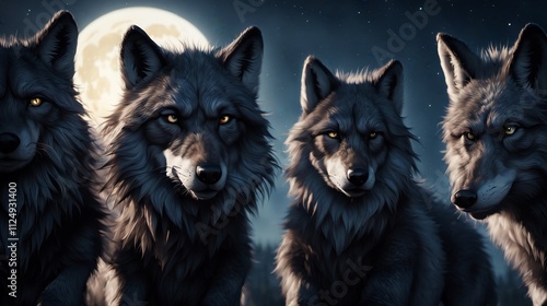 Majestic wolves in moonlit forest exhibit mystery and strength under night sky