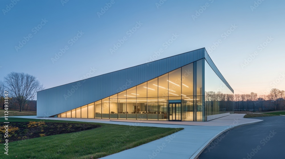 Obraz premium Modern Architectural Design of a Sleek Glass Building at Sunset