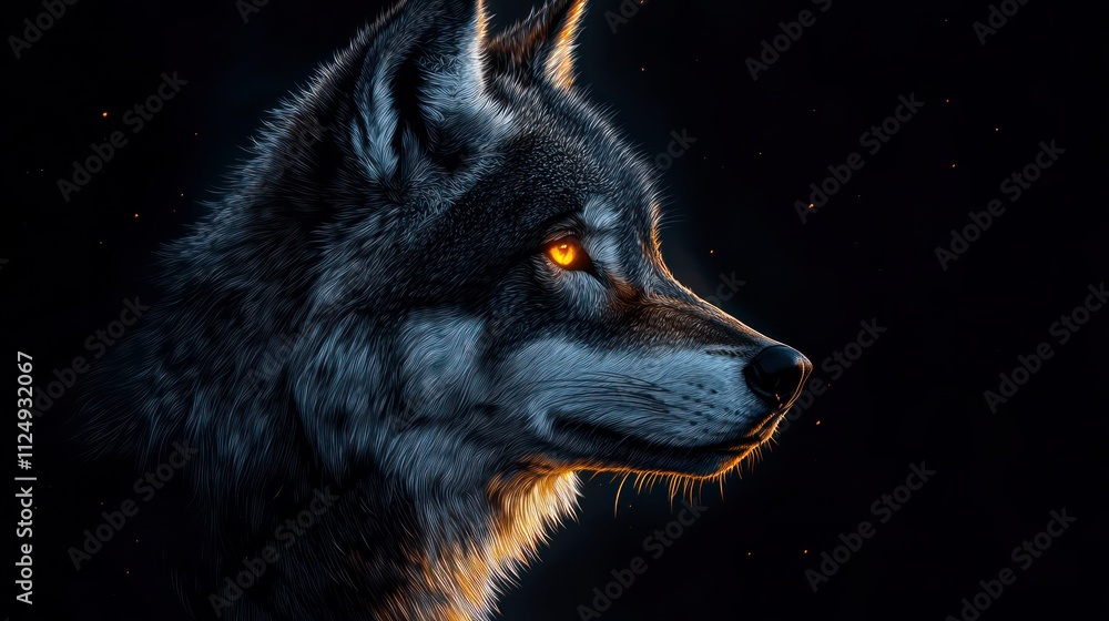 Profile view of a wolf with glowing amber eyes against a dark night sky. Profile view of a wolf with glowing amber eyes against a dark night sky.
