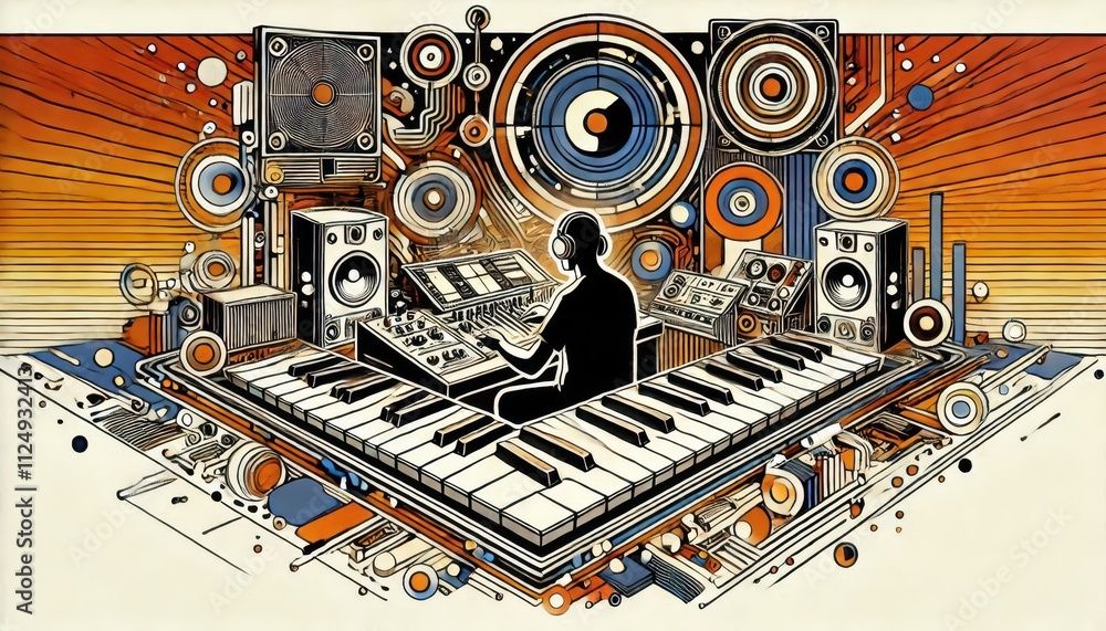Obraz premium musician playing synthesizers in recording studio abstract illustration music creation content created with generative AI software