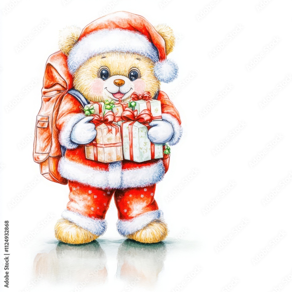 A cheerful teddy bear dressed as Santa holds gift boxes, exuding a festive spirit perfect for holiday celebrations. A cheerful teddy bear dressed as Santa holds gift boxes, exuding a festive spirit perfect for holiday celebrations.