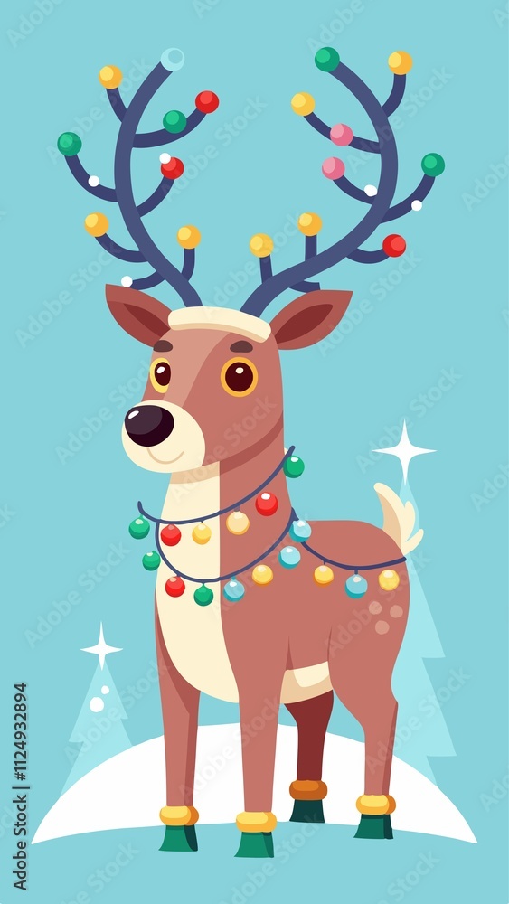 A cartoon deer with Christmas lights on its antlers A cartoon deer with Christmas lights on its antlers