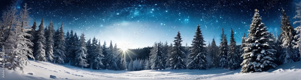 360 degree image, Christmas banner with magical scene of snowy forest with Christmas trees with lights and stars with copy space, 360 degree photo. 360 degree image, Christmas banner with magical scene of snowy forest with Christmas trees with lights and stars with copy space, 360 degree photo.