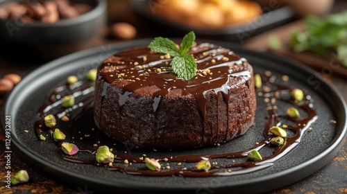 Decadent Chocolate Fondant with Molten Center, Served with Wasabi Cream and Matcha Garnish for a Gourmet Dessert Experience