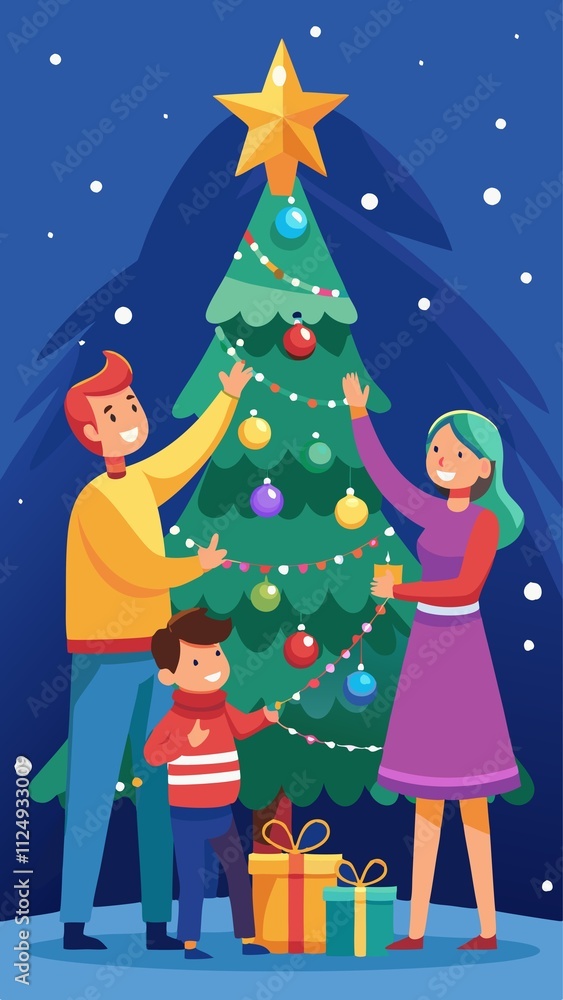 A family is decorating a Christmas tree together A family is decorating a Christmas tree together