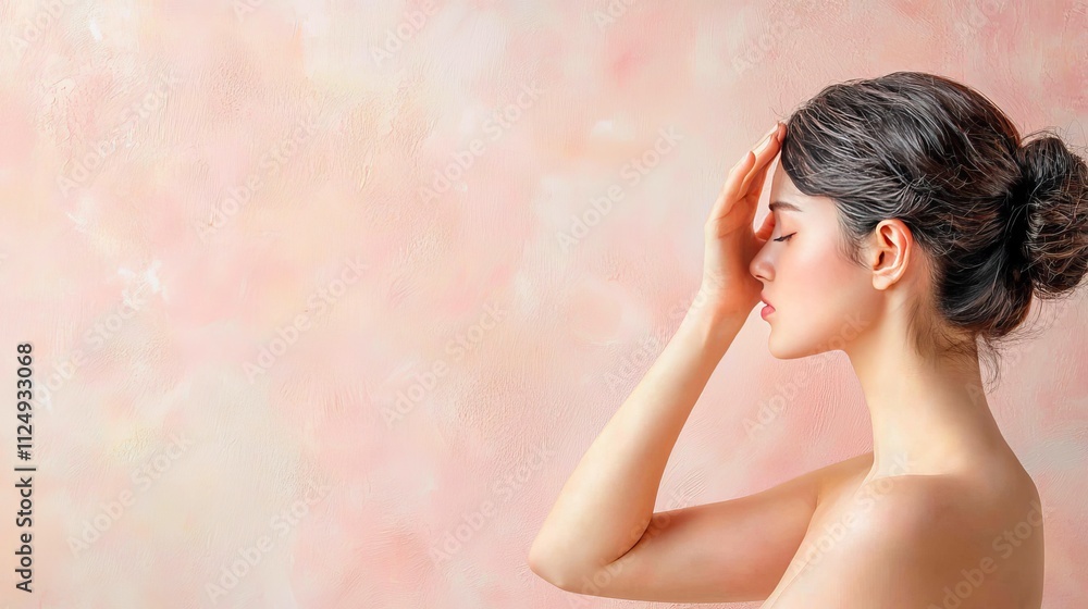 A serene woman touches her forehead, exuding calmness against a soft pink background, embodying beauty and tranquility. A serene woman touches her forehead, exuding calmness against a soft pink background, embodying beauty and tranquility.
